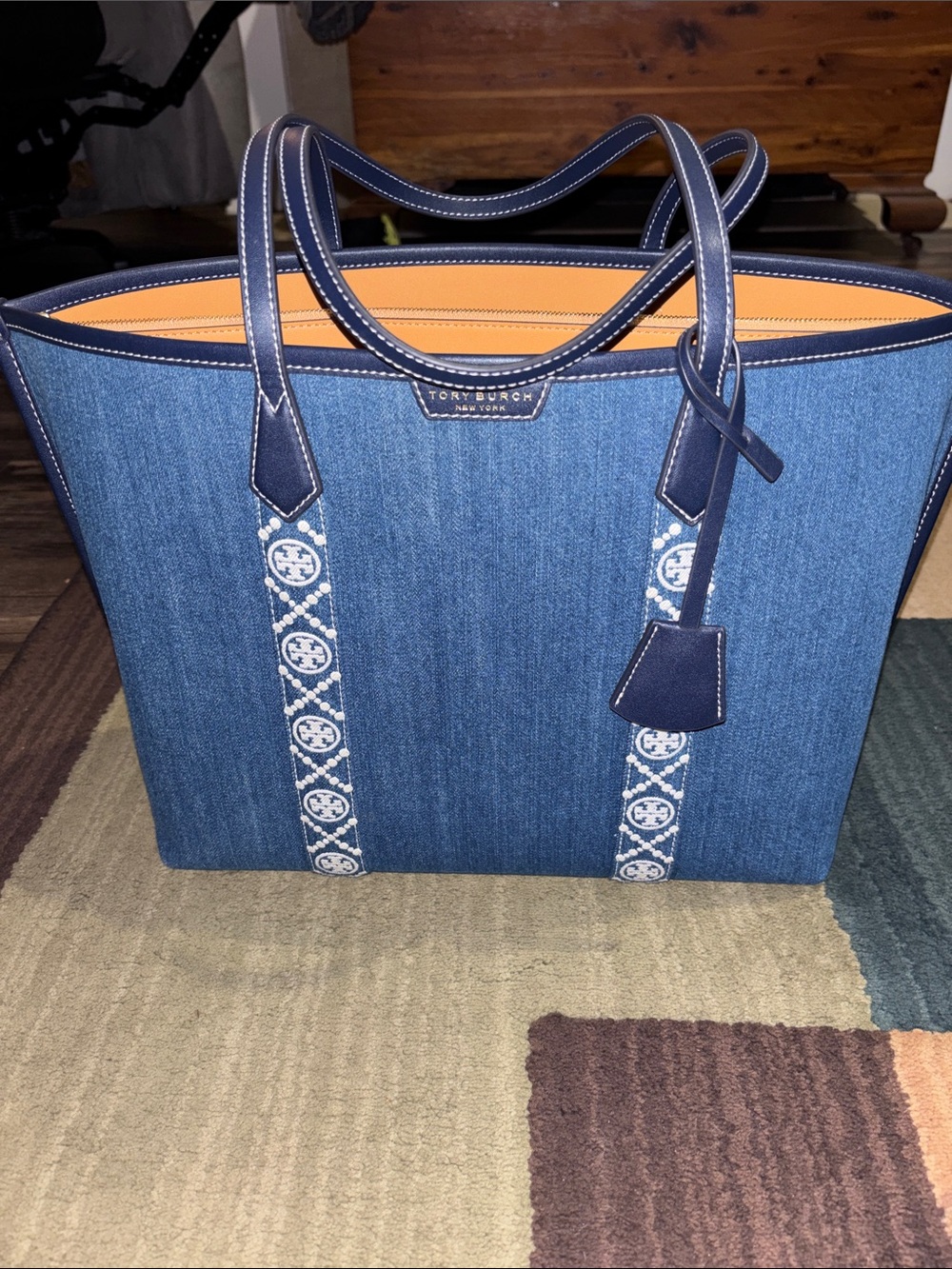 Tory Burch Denim Tote with Navy Trim and Orange Interior
